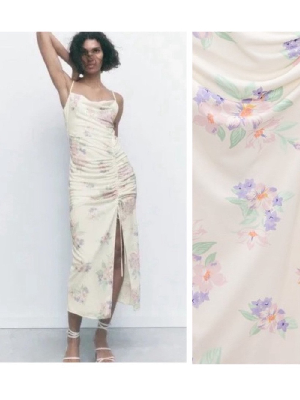 Zara Cream Floral Print Draped Neckline Midi Dress SZ M